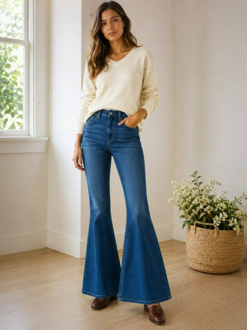 We The Free High Waisted Blue Denim Wide Flare Jeans Womens 30 Blue